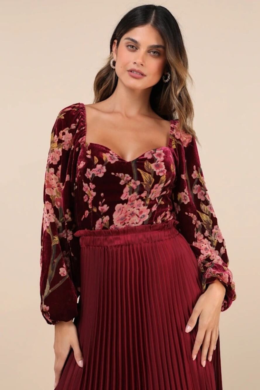 NWT Lulus Luxe Romance Burgundy Velvet Floral Burnout Long Sleeve Bodysuit L